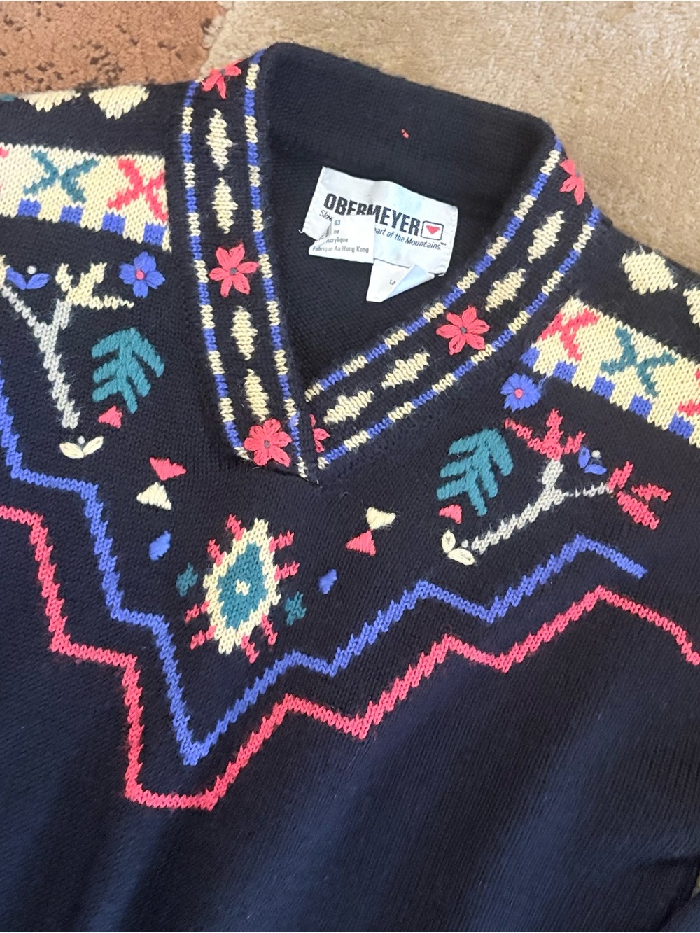 Vintage Obermyer Black V-Neck Sweater with Multicolor Folk Motif - Picture 6 of 6